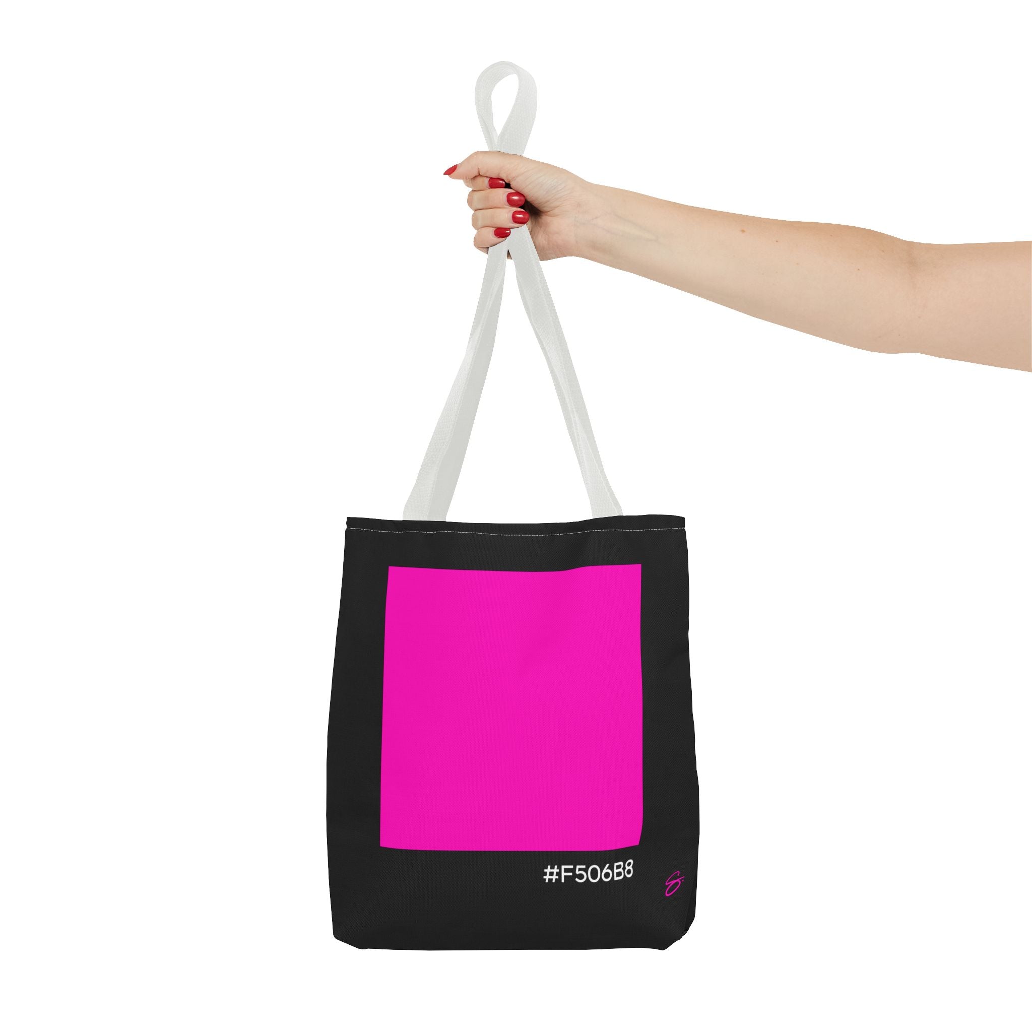 #F506B8 Love Summer Pink Color Swatch Black Tote Bag // Compact Everyday Tote — Graphic Brand Tote Bag