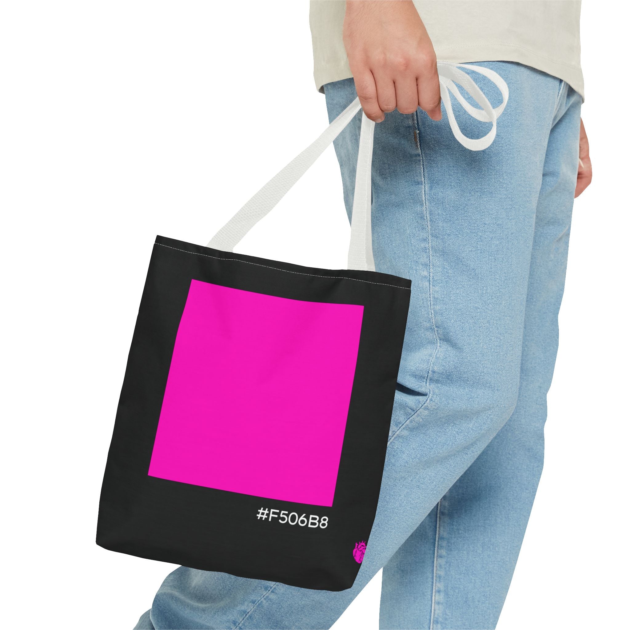 #F506B8 Love Summer Pink Color Swatch Black Tote Bag // Compact Everyday Tote — Graphic Brand Tote Bag