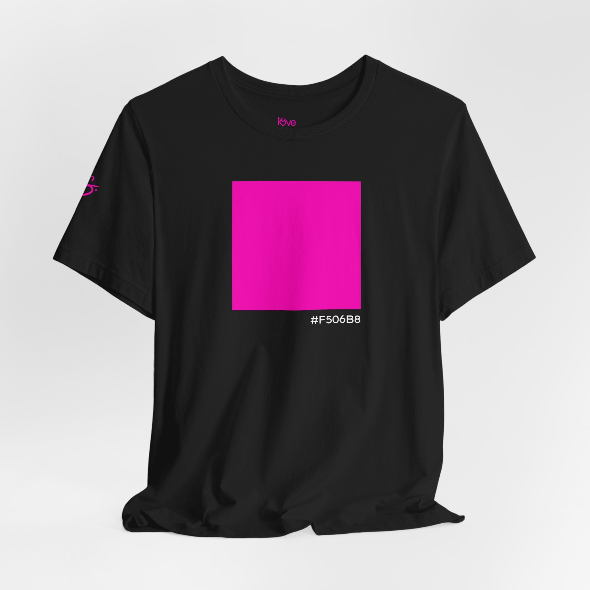 #F506B8 Love Summer Pink Color Swatch Black Tee // Premium Cotton Unisex T-shirt — Graphic Brand Tee
