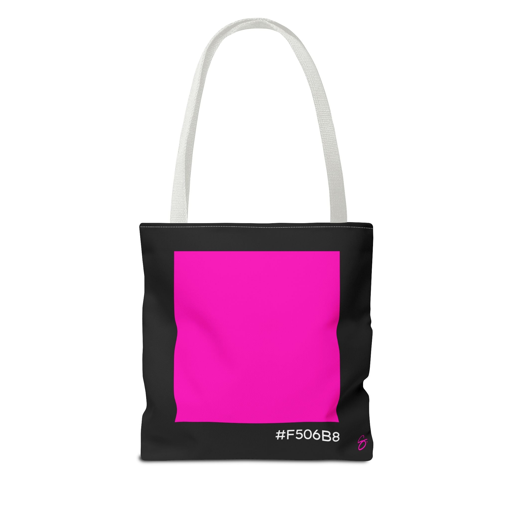 #F506B8 Love Summer Pink Color Swatch Black Tote Bag // Compact Everyday Tote — Graphic Brand Tote Bag