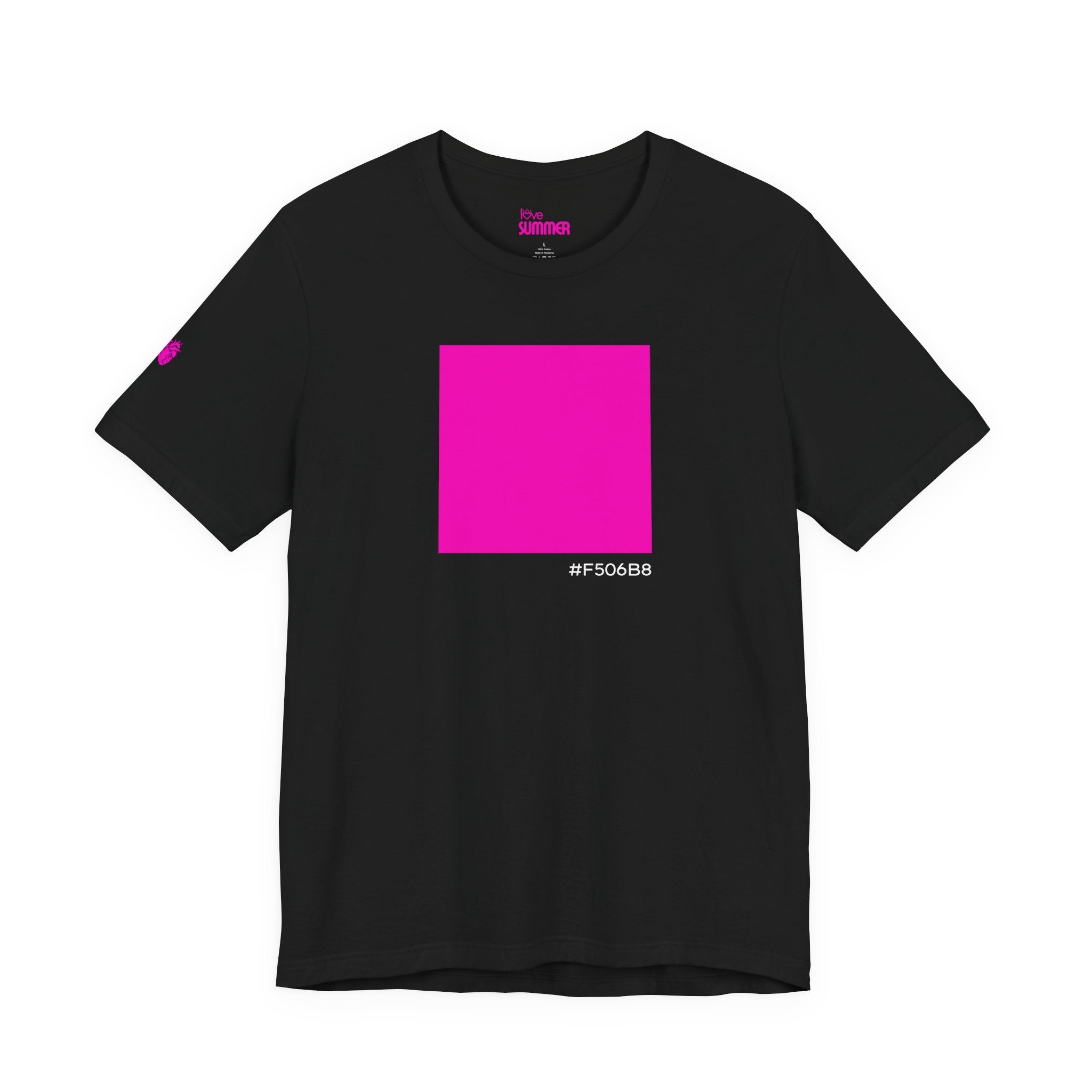 #F506B8 Love Summer Pink Color Swatch Black Tee // Premium Cotton Unisex T-shirt — Graphic Brand Tee