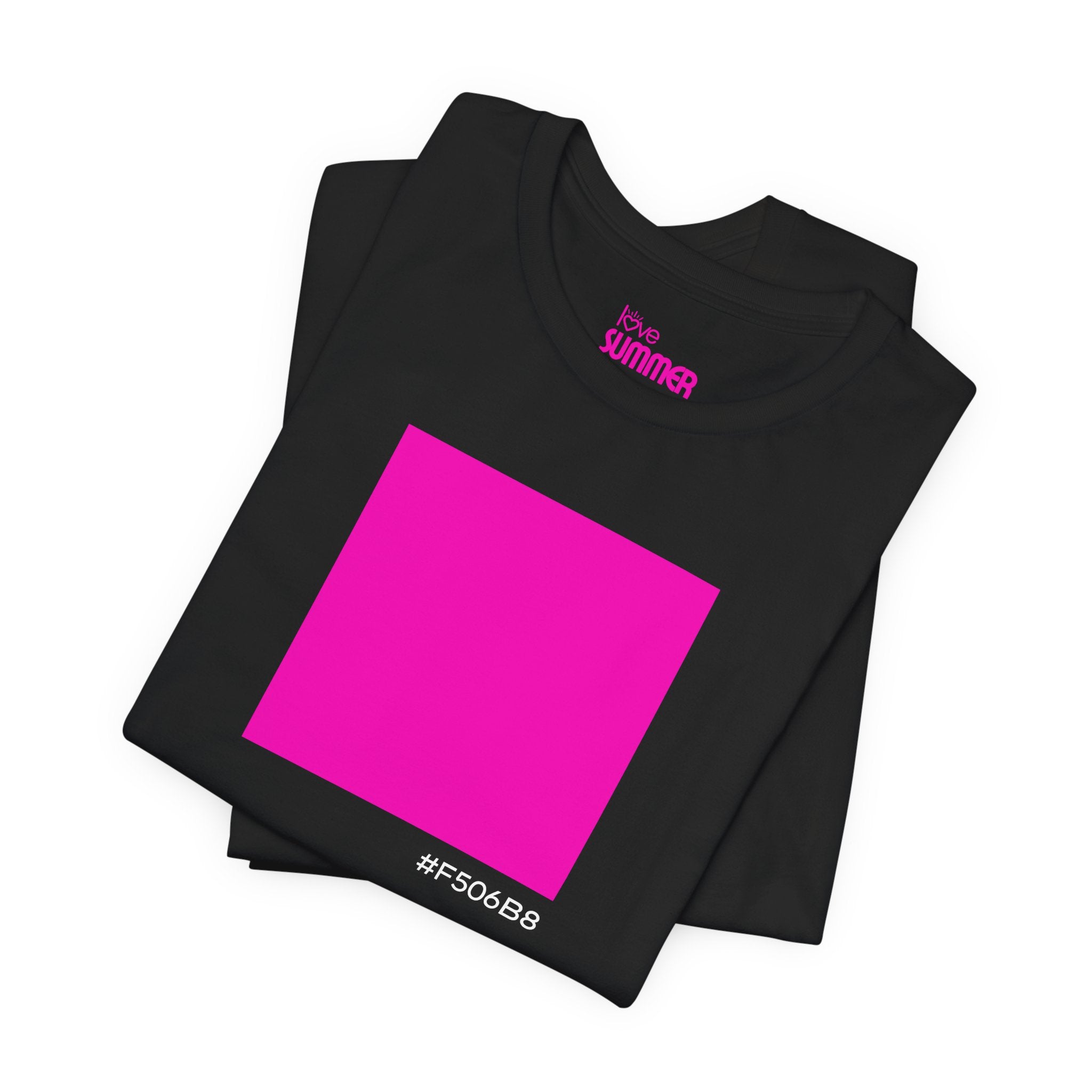 #F506B8 Love Summer Pink Color Swatch Black Tee // Premium Cotton Unisex T-shirt — Graphic Brand Tee